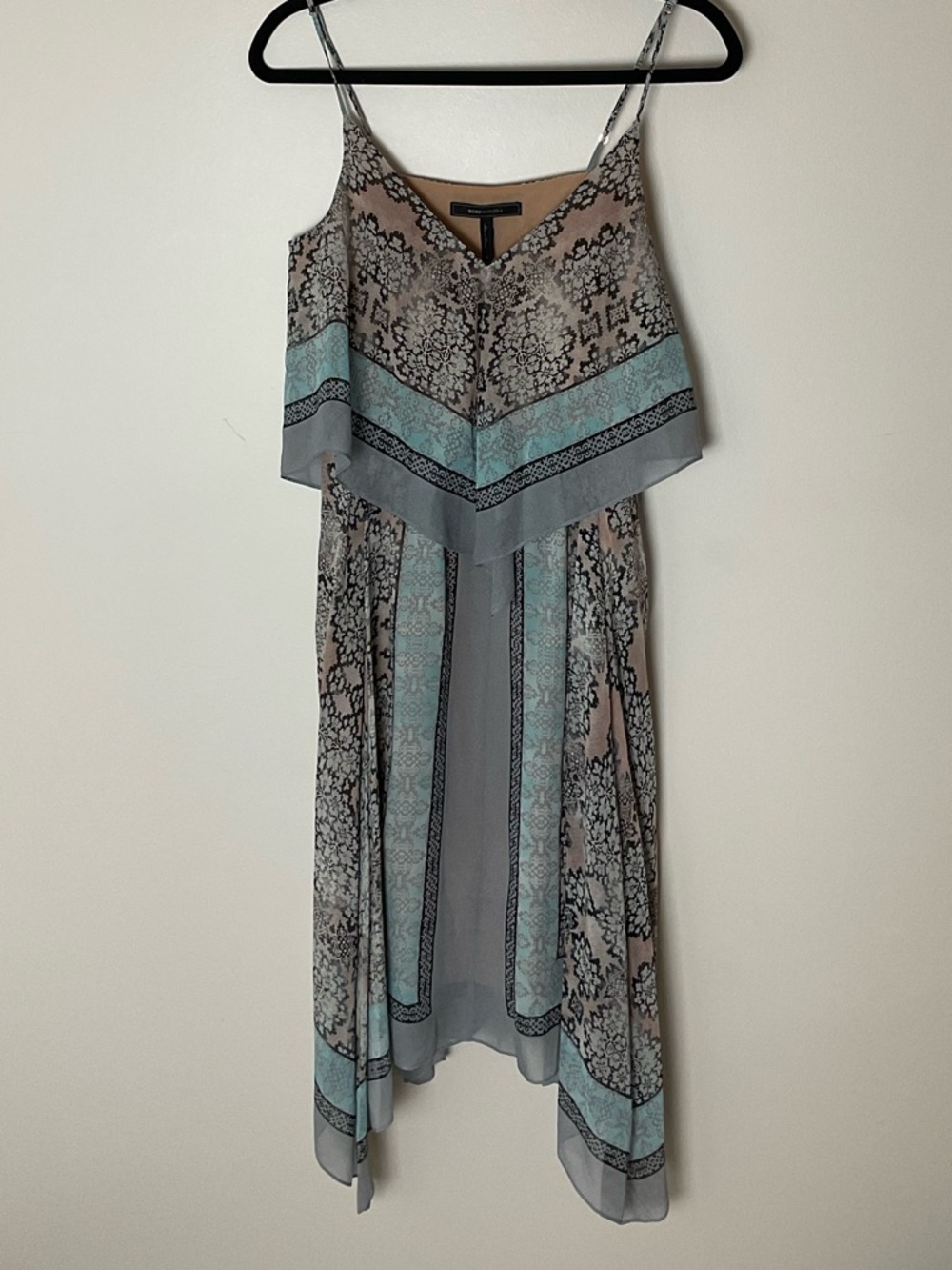 BCBGMaxAzria NWT Nova Blue Print Silk Asymmetrical Handkerchief Dress Sz S Boho - Picture 2 of 8